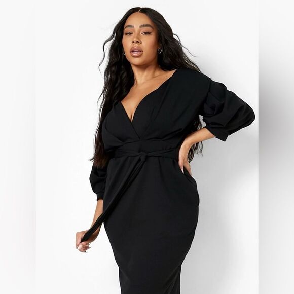 Missguided plus black long sleeve wrap belted midi dress size 18 NWT - Picture 1 of 12